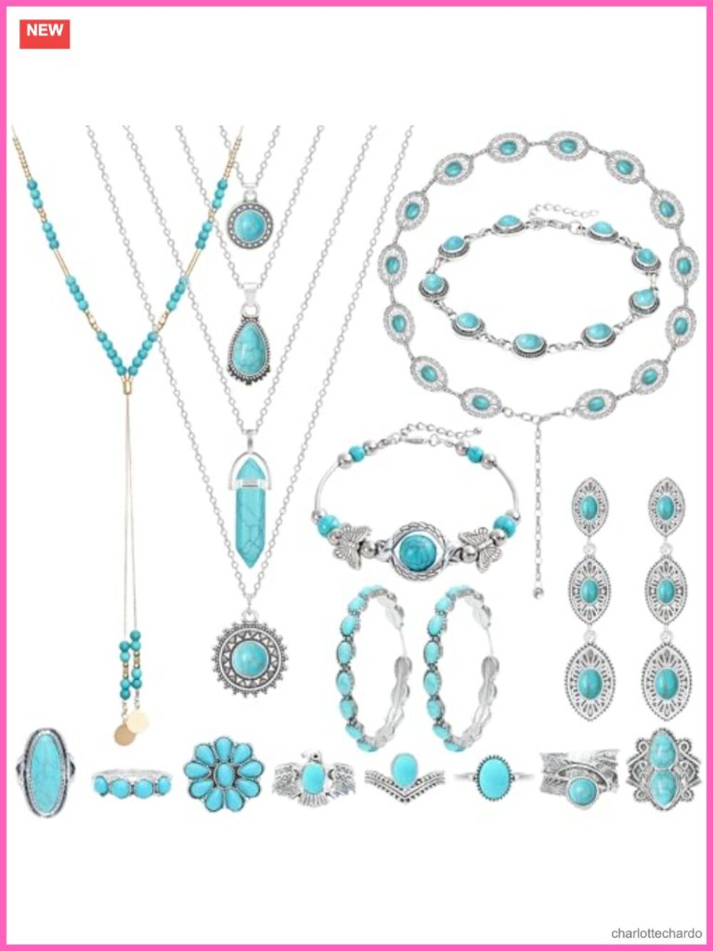 20 Pc Bohemian Turquoise Jewelry Set Women Western Necklace Bracelet Ring